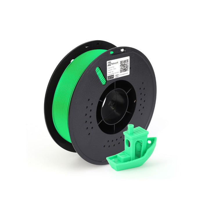Dabbous Mega Supplies 1.75mm 3D printer filament in vibrant green with a 3D printed boat model beside it