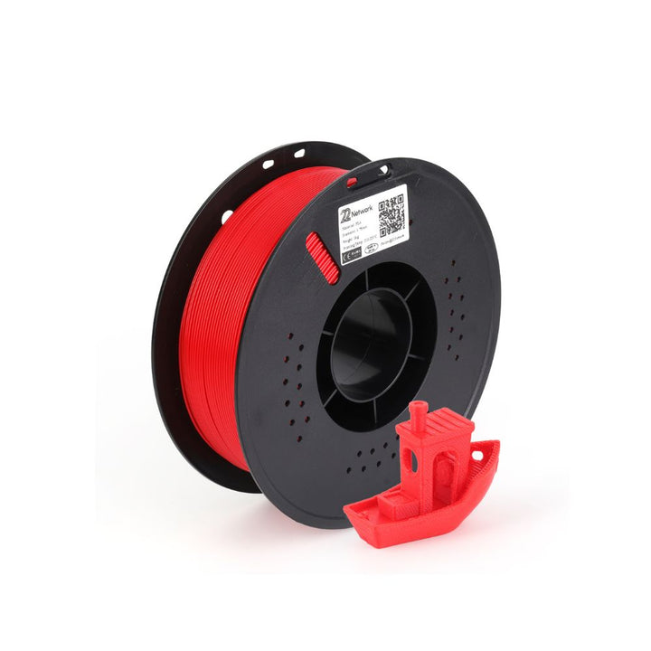 Dabbous Mega Supplies 1.75mm 3D printer filament in vibrant red color on spool with a printed boat model