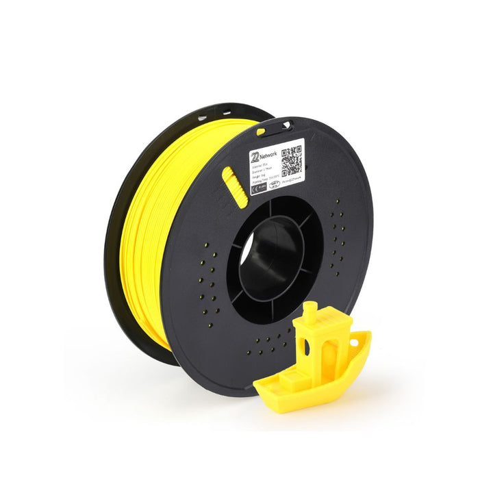 Dabbous Mega Supplies 1.75mm 3D printer filament in bright yellow color with a sample boat print