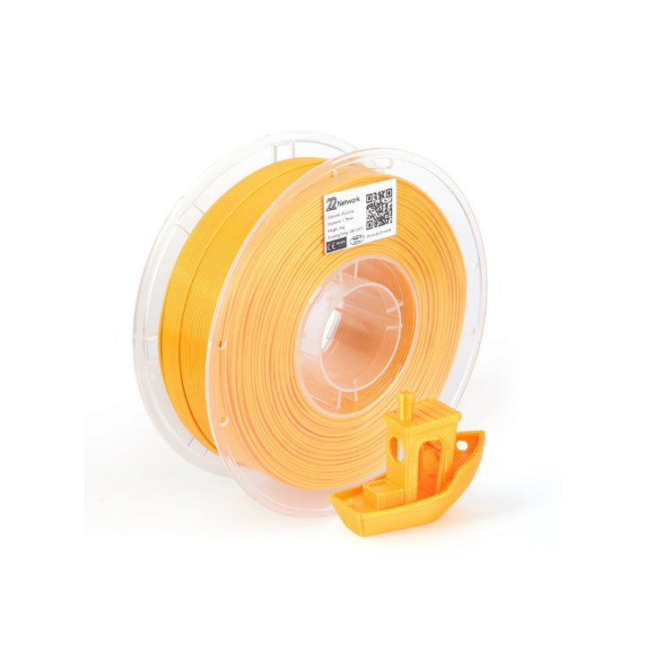 Yellow 1.75mm 3D printer filament from Dabbous Mega Supplies with a 3D-printed boat model