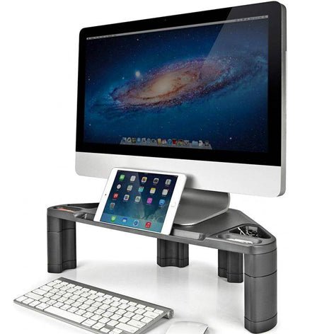 AIDATA CS1010 adjustable stand by Dabbous Mega Supplies holding a monitor, tablet, and organizing office accessories