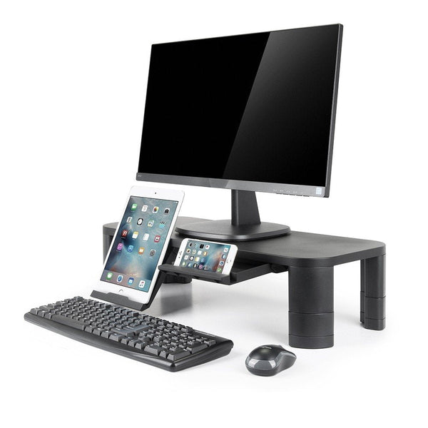 AIDATA MR2001 monitor stand by Dabbous Mega Supplies holding a monitor keyboard mouse and mobile devices