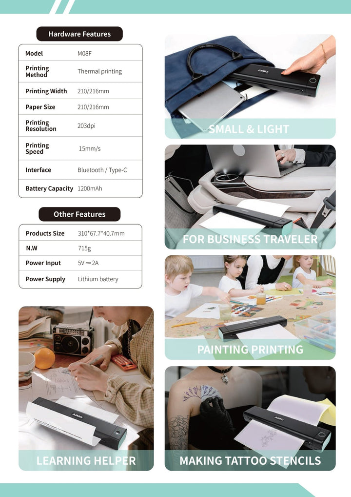 Dabbous Mega Supplies aimo Bluetooth A4 thermal printer shown in various uses including business travel and tattoo stencil making