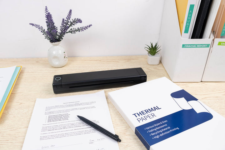 Dabbous Mega Supplies aimo Bluetooth A4 thermal printer black compact mobile printer on office desk