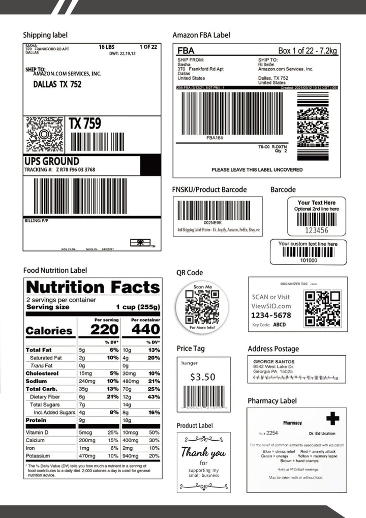 AIMO D520BT thermal printer printing various shipping, nutrition, QR code, price, and pharmacy labels