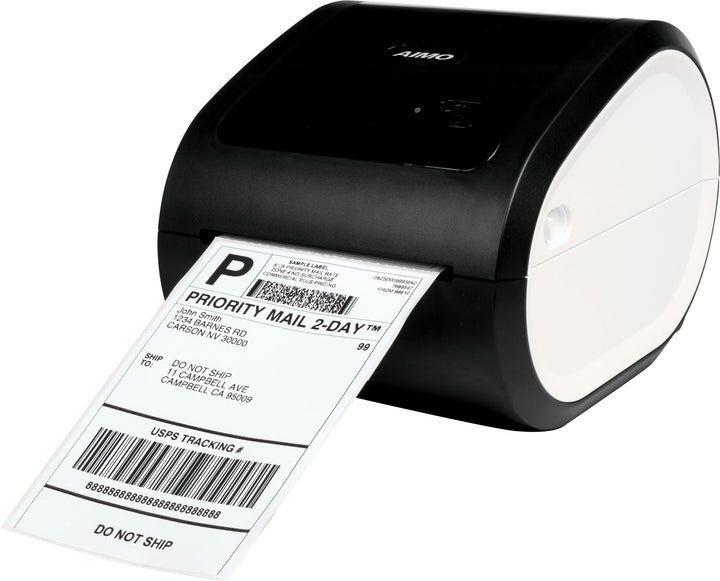 AIMO D520BT thermal printer by Dabbous Mega Supplies printing a priority mail label