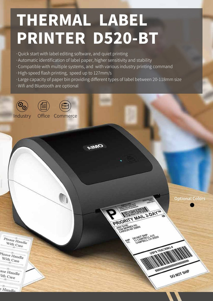 AIMO D520BT thermal printer by Dabbous Mega Supplies printing priority mail label on wooden desk