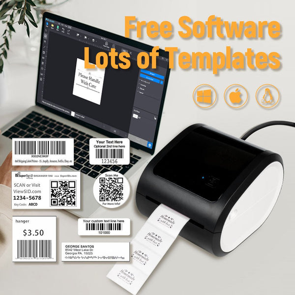 AIMO D520BT thermal printer from Dabbous Mega Supplies printing barcode labels next to laptop