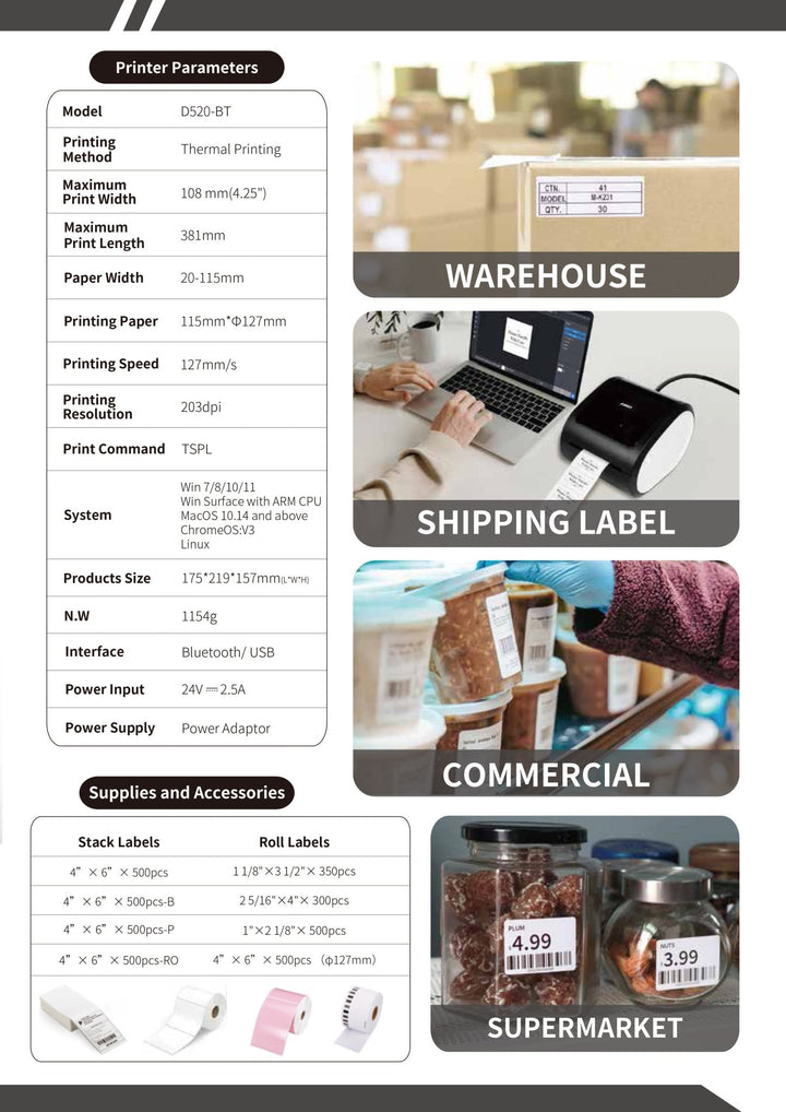 AIMO D520BT thermal printer printing shipping labels for warehouse, commercial, and supermarket use