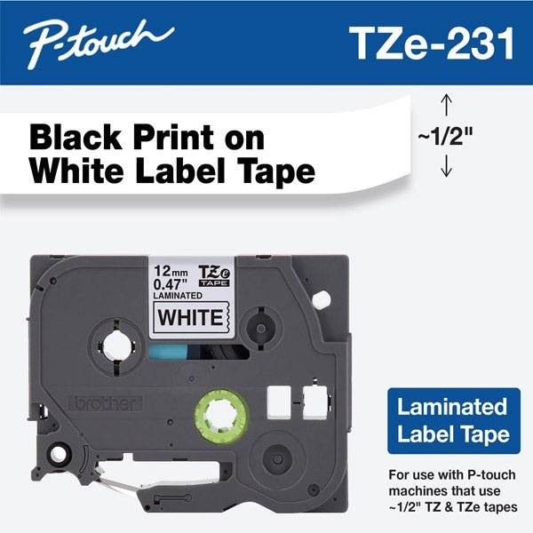 Brother TZe-231 label tape black print on white laminated 12mm tape cartridge for mobile printers