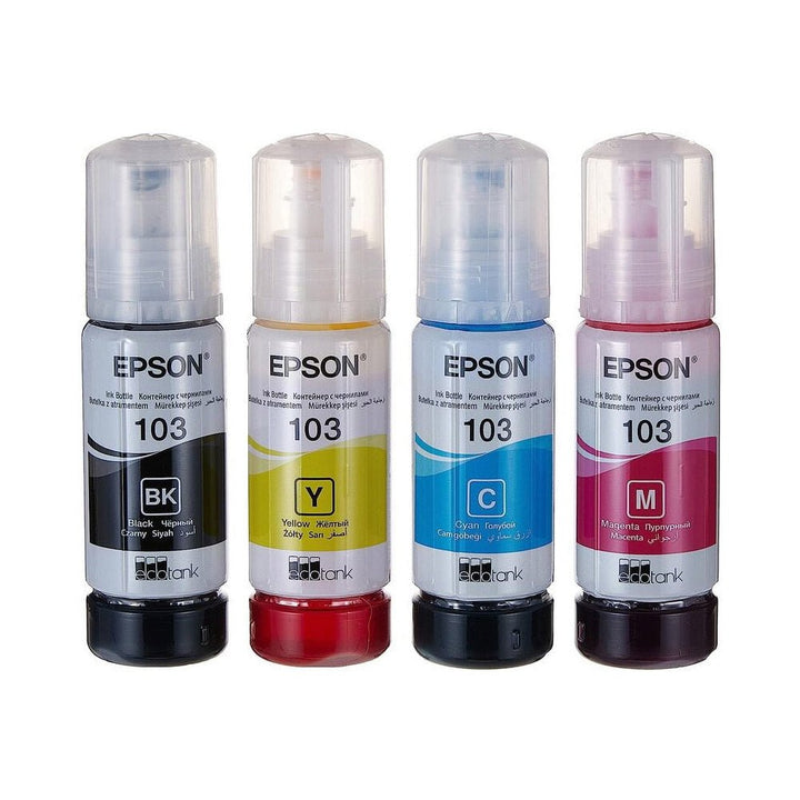 Epson 103 original ink bottle set in black yellow cyan and magenta colors for printers