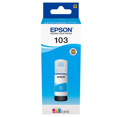 Epson 103 original ink bottle in cyan color packaging for EcoTank printers by Dabbous Mega Supplies