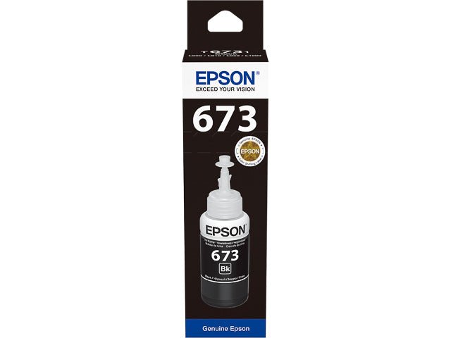 Epson T673 original ink black bottle packaged in Dabbous Mega Supplies box for printers