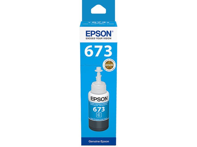Epson T673 original ink bottle in cyan blue packaging from Dabbous Mega Supplies