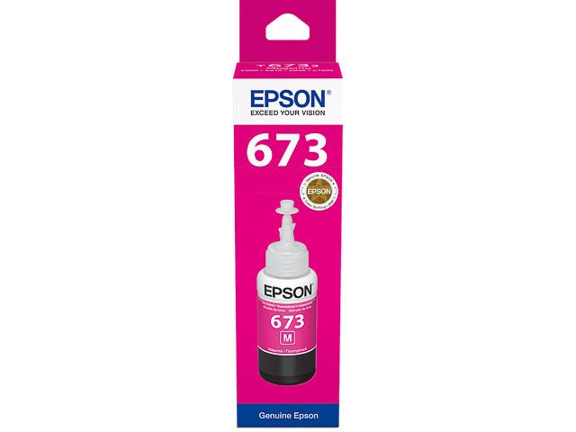 Epson T673 original ink magenta bottle in pink packaging from Dabbous Mega Supplies