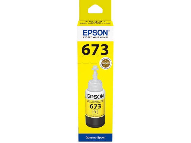 Epson T673 original ink yellow bottle in packaging by Dabbous Mega Supplies for printers