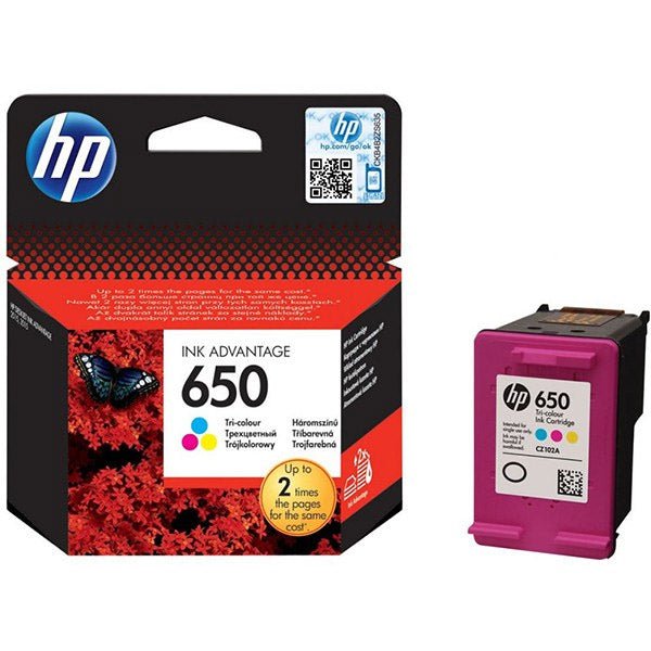 HP 650 original ink cartridge tri-color printer ink with packaging from Dabbous Mega Supplies