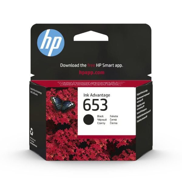 HP 653 original ink cartridge black color packaging by Dabbous Mega Supplies for printers