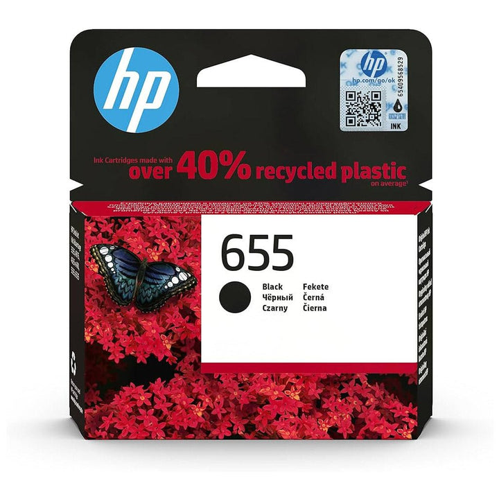 HP 655 original ink cartridge black for inkjet printer packaged with butterfly and red flowers