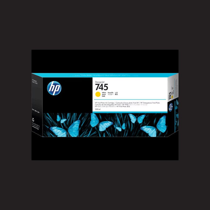 HP 745 ink cartridge 300ml yellow ink by Dabbous Mega Supplies in black and blue butterfly packaging