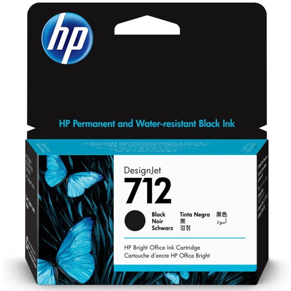 Original HP 712 printer ink black cartridge with blue butterfly design packaging from Dabbous Mega Supplies