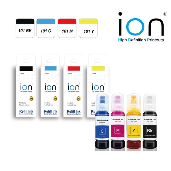 Dabbous Mega Supplies Epson 101 compatible ink refill set with black cyan magenta and yellow bottles