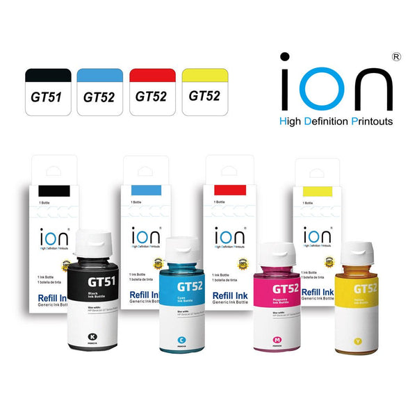 Five ink bottles including HP GT52 compatible ink bottle in yellow, cyan, magenta, and black for printers