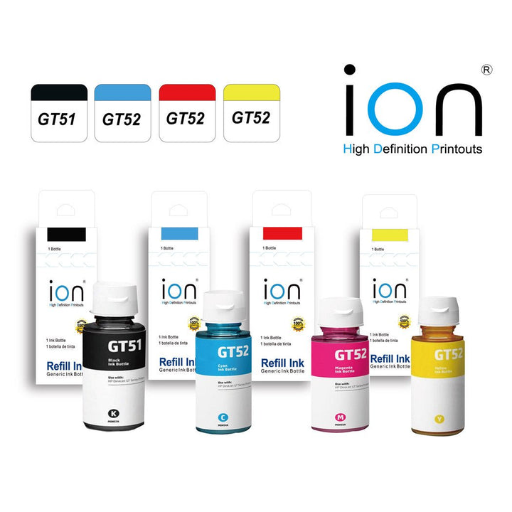 Five ink bottles including HP GT52 compatible ink bottle in yellow, cyan, magenta, and black for printers