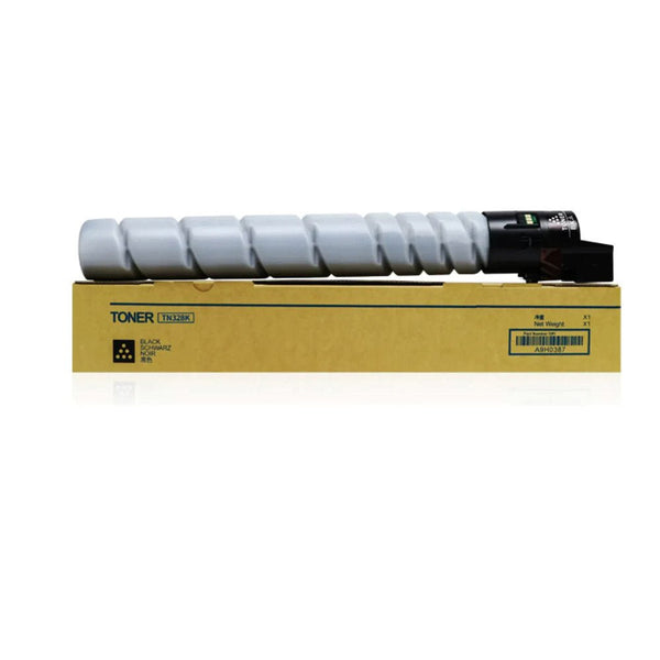 Konica TN328 toner cartridge for printers displayed on a brown Dabbous Mega Supplies box