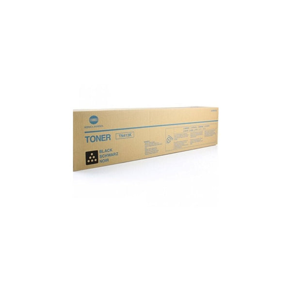 Konica TN413 original toner cartridge black printed on plain brown packaging box from Dabbous Mega Supplies