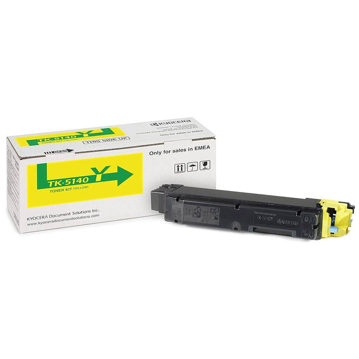 Kyocera TK-5140 toner cartridge in black with yellow label next to white and yellow Dabbous Mega Supplies box