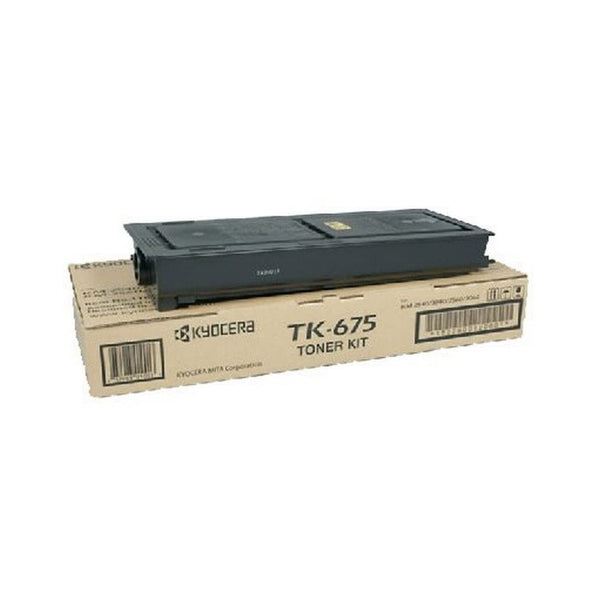 Kyocera TK675 original toner cartridge on its box from Dabbous Mega Supplies for high-quality printing