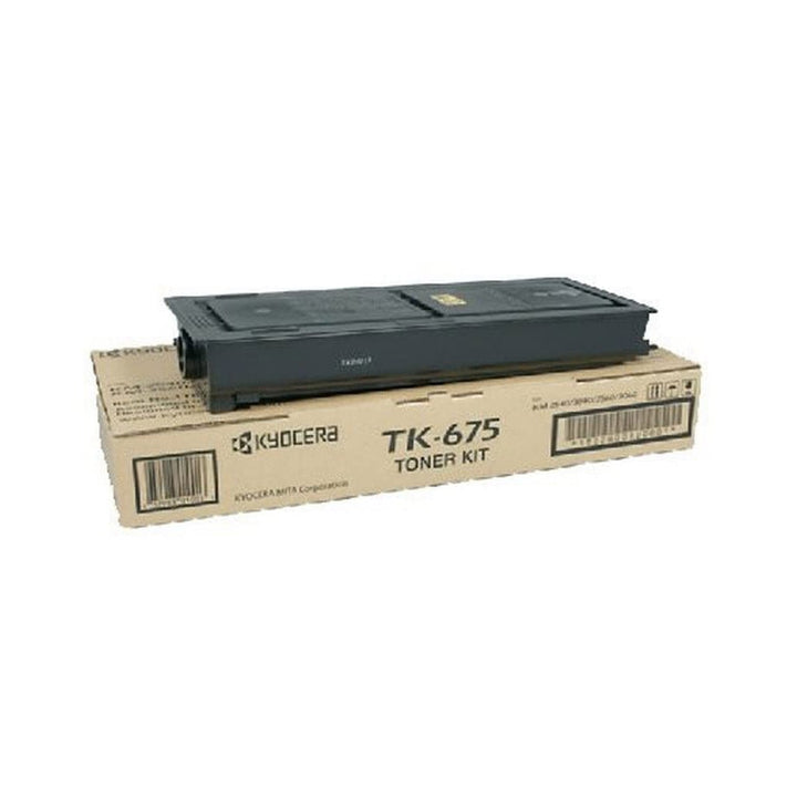 Kyocera TK675 original toner cartridge on its box from Dabbous Mega Supplies for high-quality printing
