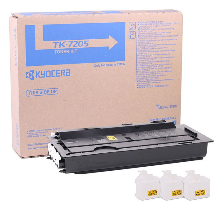 Kyocera TK7205 original toner cartridge with three toner bottles and packaging for quality printing.