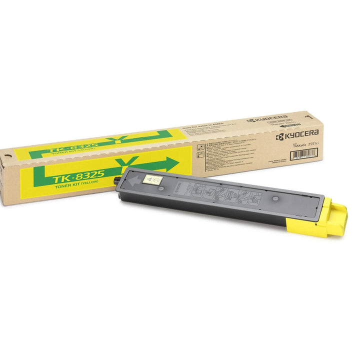 KYOCERA TK8325 original toner cartridge in yellow with branded packaging by Dabbous Mega Supplies