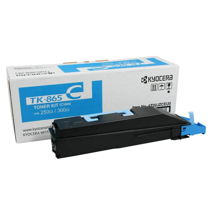 KYOCERA TK865 original toner cartridge in black with cyan accents next to its white and blue box by Dabbous Mega Supplies