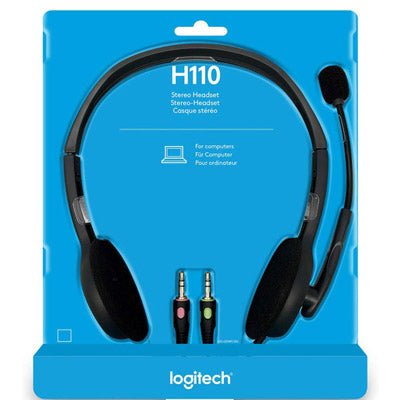 Logitech H110 stereo headset with adjustable microphone and dual audio jacks in black