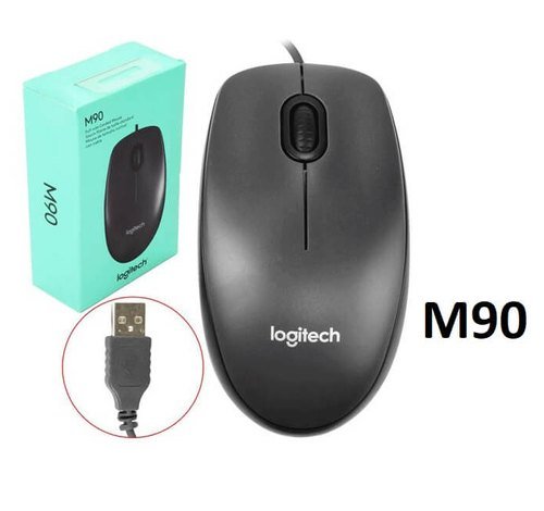 Logitech M90 wired mouse in black with USB connection and product packaging by Dabbous Mega Supplies