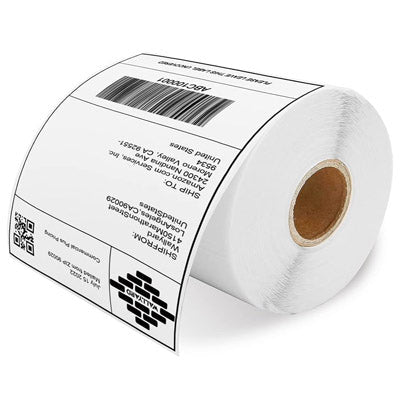 Roll of thermal white label rolls for mobile printers by Dabbous Mega Supplies with barcode and shipping details