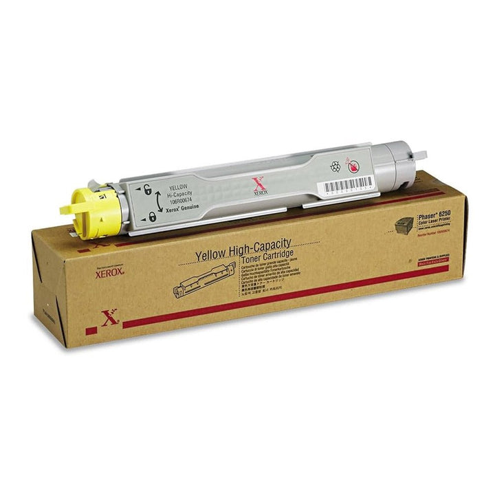 Xerox 106R00672 original toner cartridge in yellow with high capacity displayed on its packaging box